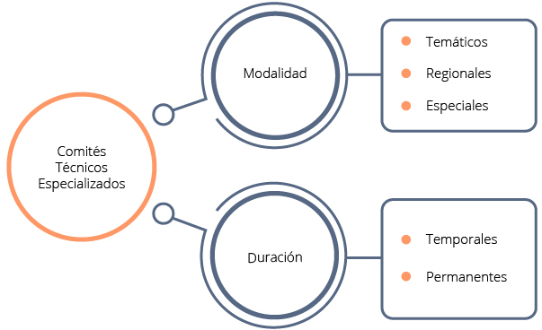 Los Comités Técnicos Especializados se clasifican de acuerdo con su modalidad en: temáticos, regionales y especiales; y según su duración: en temporales y permanentes