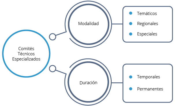 Los Comités Técnicos Especializados se clasifican de acuerdo con su modalidad en: temáticos, regionales y especiales; y según su duración: en temporales y permanentes