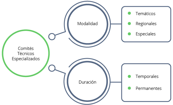 Los Comités Técnicos Especializados se clasifican de acuerdo con su modalidad: en temáticos, regionales y especiales; y según su duración: en temporales y permanentes