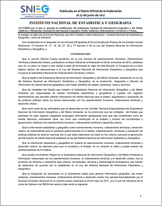 Acuerdo de modificación del Subsistema Nacional de Información Geográfica y del Medio Ambiente para la incorporación del componente de Ordenamiento Territorial y Urbano